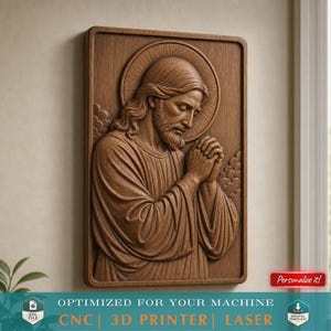 Praying Jesus Wall Panel STL Christian Religious Model with Halo and Detailed Robes for CNC Carving Laser Engraving 3D Printing File