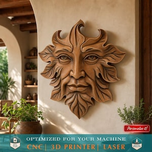 Fichier STL homme vert imprimable en 3D pour sculpture sur bois sur 3 axes, impression 3D CNC, décor de forêt, sculpture murale d'esprit, figurine de jardin, ornement