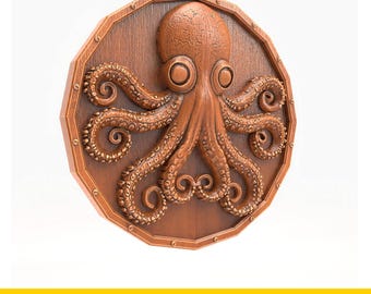 STL File For CNC Router 3D Printer Laser Octopus Relief Round Medallion Nautical Wall Art Digital Sea Life Model Tentacle Plaque Resin Mold