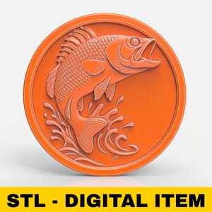 Jumping Bass Fish Medallion STL File 3D Model for CNC Laser Engraving 3D Printing Round Wall Plaque Fishing Decor Lakehouse Sculpture Art