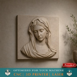 Carved stone relief of Virgin Mary, 3D printable STL file for wall decor