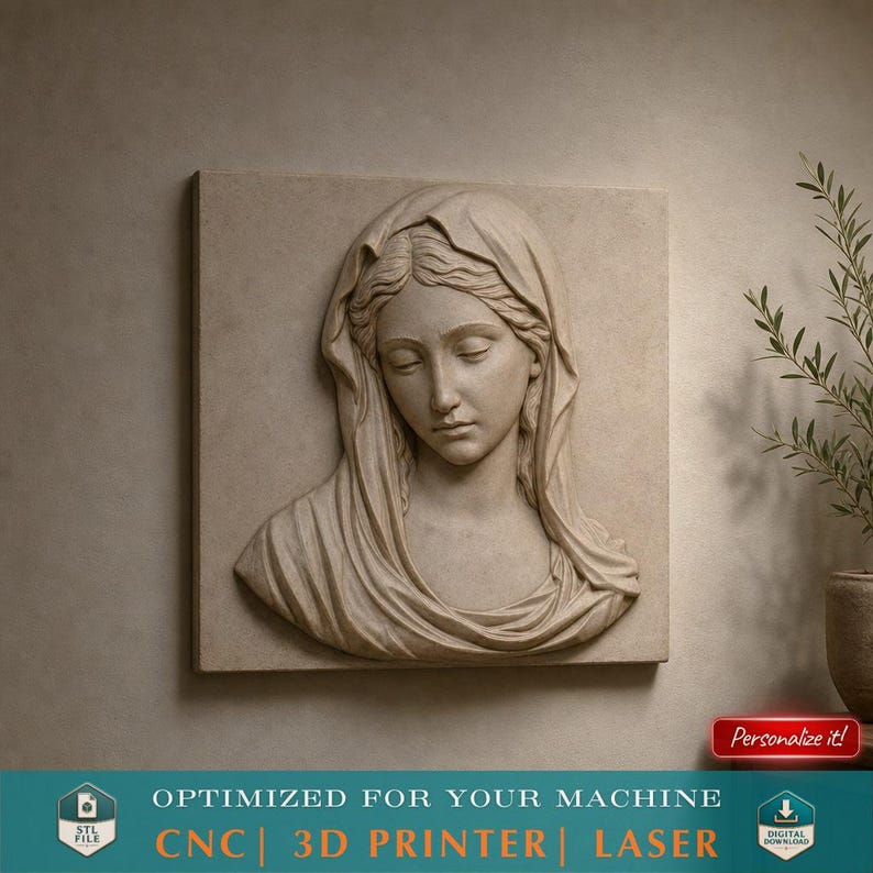 Carved stone relief of Virgin Mary, 3D printable STL file for wall decor