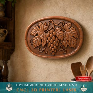 Modello STL di vite – Pannello decorativo a rilievo con uva per incisione CNC e stampa 3D – Decorazione murale rustica per cucina o vigneto, download digitale