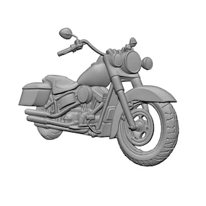 May include: A gray motorcycle with a classic design, featuring a large front tire, saddlebags, and a detailed engine. The handlebars and mirrors are visible, and the bike is set against a white background.