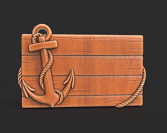 Nautical Anchor Blank Sign STL File for CNC Carving 3D Printing Coastal Wall Plaque Model Rope and Wood Panel for Laser Engraving Design
