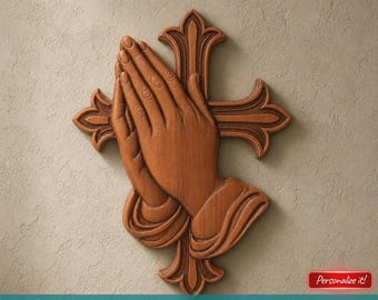 Praying Hands With Cross Relief Pendant Sculpture DIY STL File – Christian Wall Art 3D Model for CNC 3D Printing Religious Decor