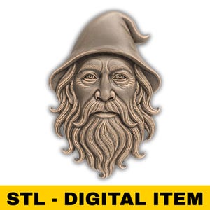 May include: A bronze-colored relief sculpture of a wizard's face, featuring a long beard and a pointed hat. The sculpture has detailed facial features and is set against a white background. The text "STL - DIGITAL ITEM" is displayed in a yellow banner at the bottom.