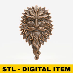 Green Man STL File with Beard and Leaf Face Design for CNC Carving 3D Printing Pagan Wall Art Garden Decor Resin Cast Relief Sculpture