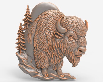 Bison STL Model – Full Body Buffalo Relief with Forest and Moon for CNC Carving and 3D Printing – Western Wildlife Art Digital Download