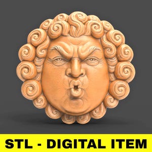 Green Man Wind Face STL Model – Baroque Swirl Hair Greenman Relief for CNC or 3D Printing Classic Air Elemental Wall Hang Decor Digital File