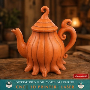 Scultura di teiera stravagante con manico e coperchio ricurvi, decorazione fiabesca. File STL per fresatrice CNC, file per stampante 3D, modello per intaglio del legno per fresatrice CNC.