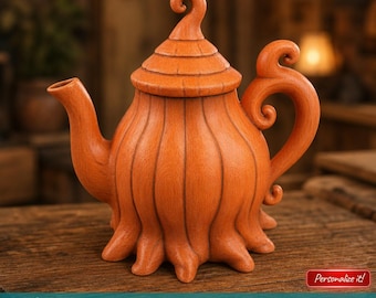 Whimsical Teapot Sculpture Curled Handle & Lid Fairy Tale Decor STL Files For CNC Router 3D Printer Files CNC Router Wood Carving Model