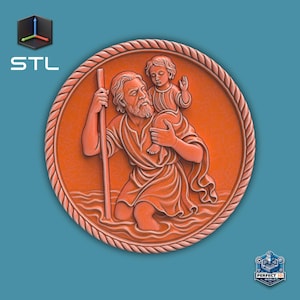 Medallón de San Cristóbal (modelo 3D STL) - Placa religiosa con relieve, colgante redondo con forma de moneda STL - Descarga digital