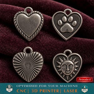 Paquete de dijes de corazón STL imprimibles en 3D, etiquetas minimalistas para collar con colgante de cuerda con forma de pata de sol, joyería, llavero de resina CNC, mini juego de regalo DIY