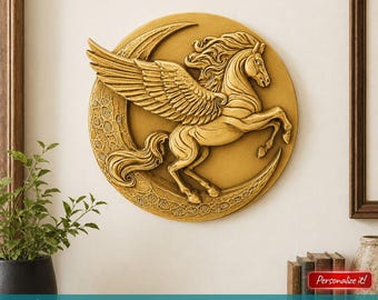 Pegasus en maan Mythische dieren muur kunst reliëf rond medaillon hanger STL-bestand Fantasy Art snijwerk voor CNC-router 3D-printer digitaal model