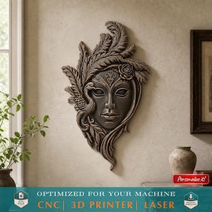 Venetian Mask Woman Relief STL File for CNC or 3D Printing Elegant Fantasy Wall Art with Feathers Rose Bird Decorative Digital Sculpture