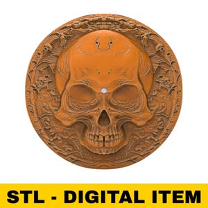 Skull Clock Face STL File for CNC Carving Round Gothic Wall Art Relief Panel Resin Casting Clay Mold 3D Print Horror Skeleton Decor Piece