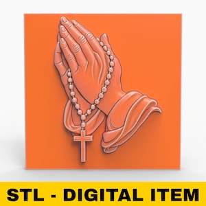Praying Hands Rosary Relief STL File 3D Model for CNC Laser Engraving 3D Printing Christian Wall Art Cross Beads Sculpture Religious Decor