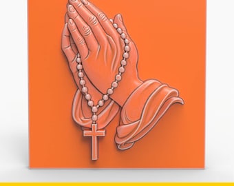 Praying Hands Rosary Relief STL File 3D Model for CNC Laser Engraving 3D Printing Christian Wall Art Cross Beads Sculpture Religious Decor