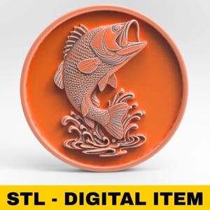 Bass Fish Round Panel STL File 3D Model for CNC Laser Engraving 3D Printing Jumping Wall Plaque Fishing Decor Angler Sculpture Lake Lodge
