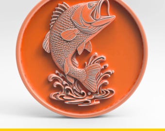 Bass Fish Round Panel STL File 3D Model for CNC Laser Engraving 3D Printing Jumping Wall Plaque Fishing Decor Angler Sculpture Lake Lodge