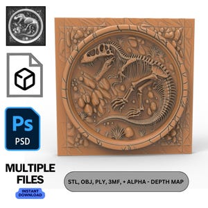 T-Rex Fossil 3D-Modell Dinosaurier-Skelett STL-Datei CNC-Fräser 3D Drucker Modell Jurassic Fossil Relief Laser Gravur Tiefenkarte