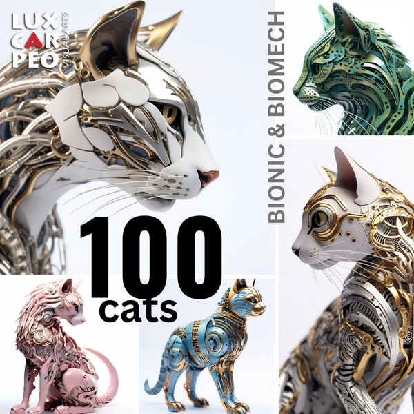 100 CATS, Bionic and Biomech, 400Dpi Files, Digital Image, digital stock art, digital clip art, design bundle, various poses tones, clipart