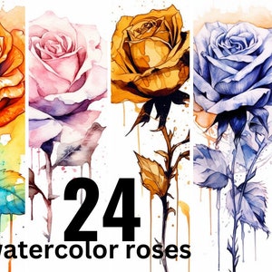 24 Rose Clipart, Funky Roses, Watercolor Roses, PNG 400Dpi files, Digital Downloads,  Card Making, Mixed Media, Digital Paper Craft