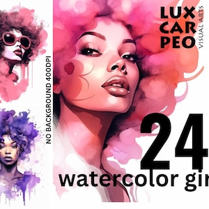 24 Aquarell Mädchen, 400Dpi, KEIN HINTERGRUND, schwarzes Mädchen, Magische Schwarze Frau, Afro-Mode, Mädchen Afroamerikaner Clipart Tshirt