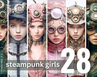 28 Steampunk Girl Models, 400Dpi High Quality PNG Files, Steampunk Lady Clipart, Steampunk Girls Ephemera, Fantasy Steampunk bundle