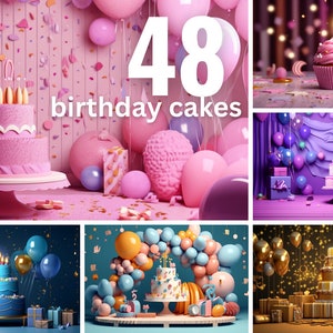 48 バースデー ケーキ デジタル バックドロップ、バレンタイン バックドロップ オーバーレイ バンドル、スタジオ バックドロップ オーバーレイ、テクスチャ、Photoshop オーバーレイ、クリップアート