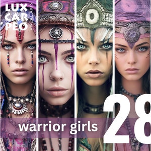28 Krieger Mädchen, 400Dpi hochwertige PNG-Dateien, Girl Power, Krieger Frau digitale Clipart. Krieger druckbare Wandkunst, digitaler Hintergrund