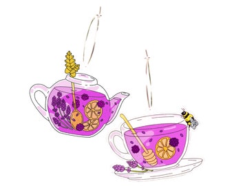 Lavender Magic Tea Time Earrings - Teapot and Teacup Mismatched Pair