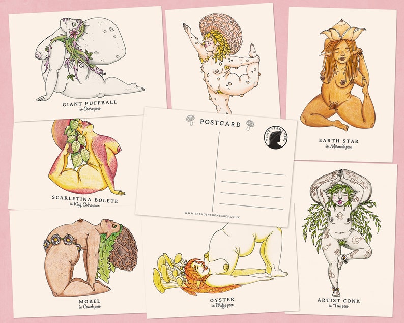 Mushroom Yoga Postcards A6 Size- The Mushroom Babes Body Positive Mini Prints - Eco-Friendly Recycled Paper - Affordable Sustainable Art 