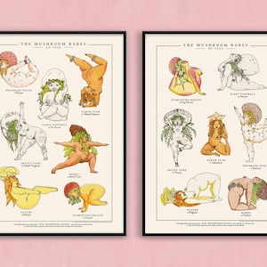 Yoga Poses Poster - The Mushroom Babes - A3 / A4 - Unframed - Body Positive Art