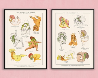 Yoga Poses Poster - The Mushroom Babes - A3 / A4 - Unframed - Body Positive Art