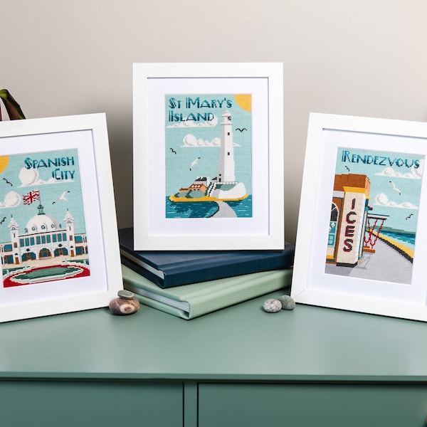 Whitley Bay Collection, Cross Stitch Kit, Beginner Friendly, St Mary's Lighthouse, Rendezvous Cafe, Spanish City