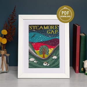 Illuminations On The Wall, Cross Stitch Pattern, Beginner Friendly, PDF Pattern, Sycamore Gap Hadrians Wall, Northern Lights, Northumberland