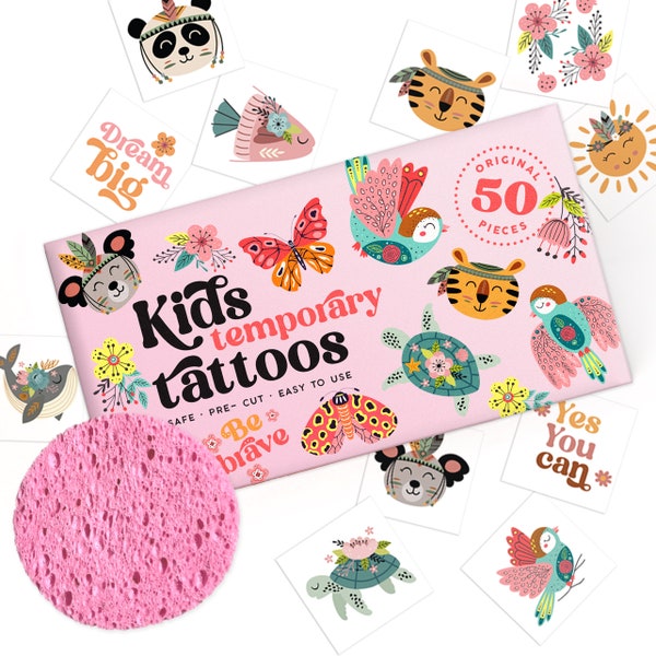 Tatouages éphémères pour enfants – hypoallergéniques, prédécoupés, 50 motifs avec monde marin, papillons, animaux, fleurs – Cadeau parfait pour garçons et filles