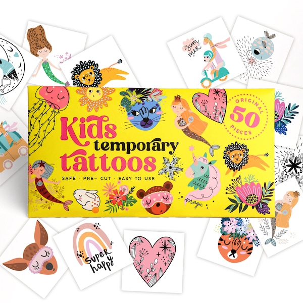 Kids Temporary Tattoos - Fairytale Style Tattoos for Kids, Hypoallergenic, Pre-Cut, 50 Pcs, Designs - Gift Tattoos for Boys and Girls