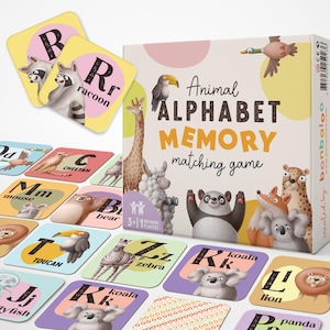 Bonbaloo Alphabet Tiere, Memory-Spiel - 52 Memory Karten für Kinder, Spaß und Lernbrettspiel, ab 3 Jahren, fördert die Konzentration und die Lernfähigkeit