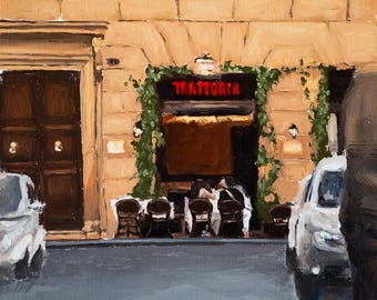 Oryginalny włoski obraz olejny // Trattoria // Dzieło sztuki podróżniczej