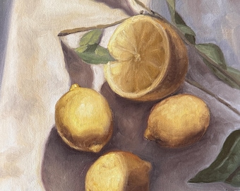 Naturaleza muerta con limones // Pintura al óleo original // Obra de arte frutal