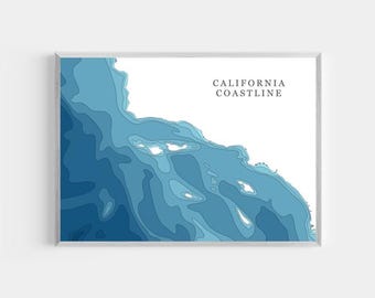 California Coastline | PHOTO PRINT or CANVAS | Modern Minimalist Depth Map Wall Decor Art, Unframed