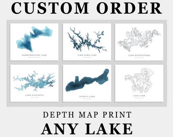 CUSTOM Lake Depth Map Photo Print or Canvas | Modern Minimalist Depth Map Wall Decor Art, Unframed