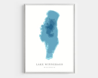 May include: A blue and white illustration of Lake Winnebago in Wisconsin. The lake is depicted in a layered, topographic style.
