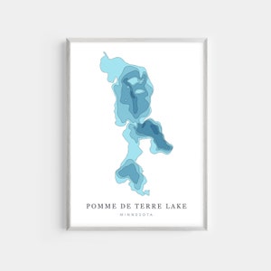 May include: A blue and white illustration of Pomme de Terre Lake in Minnesota. The lake is depicted in a topographic style with contour lines.
