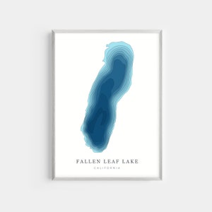 May include: A blue and white topographic map print of Fallen Leaf Lake in California.