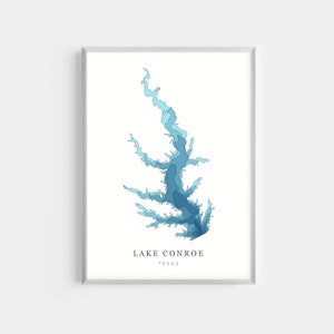 May include: A blue and white topographic map print of Lake Conroe in Texas.