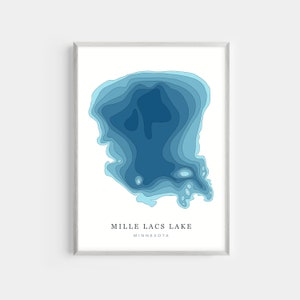 May include: A blue and white topographic map print of Mille Lacs Lake in Minnesota.
